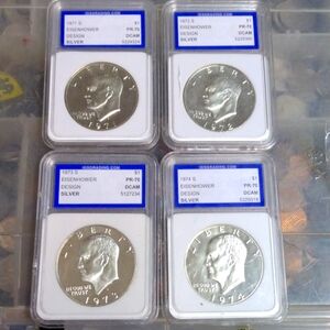 Eisenhower UNCIRCULATED silver PR 70 (4) Dollar Coins 1971s, 1972s, 1973s, 1974s